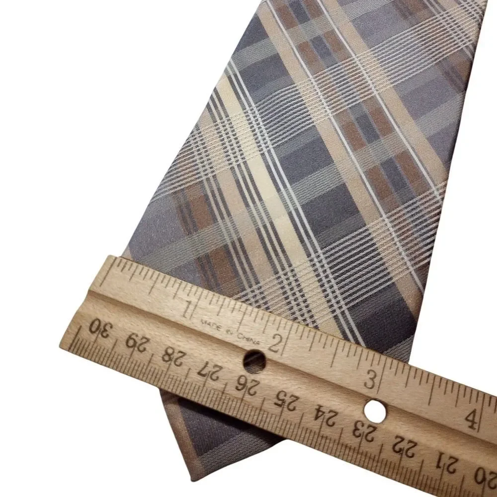 Antonio Fellini Mens Silk Tie Grey Brown Tan Plaid Hand Made Necktie Classic